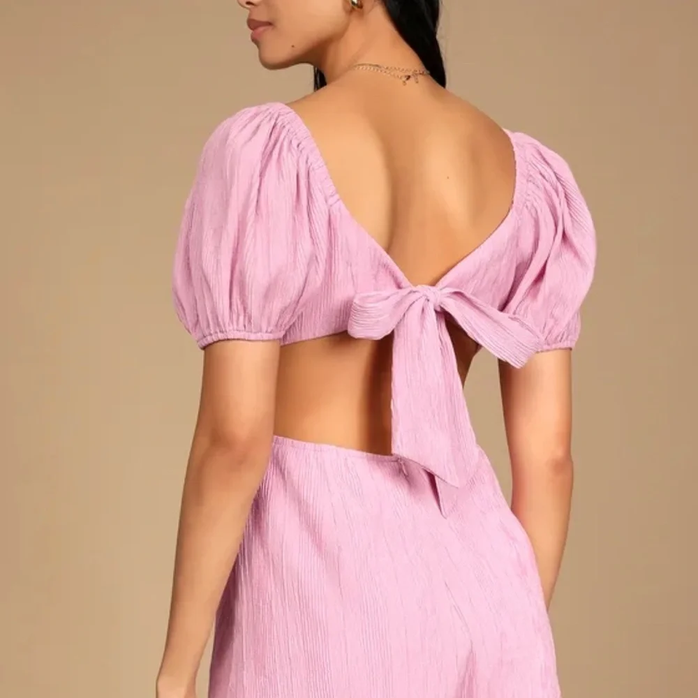 Lulus Sprung Lavender Tie-Back Puff Sleeve Ruffled Romper NWT